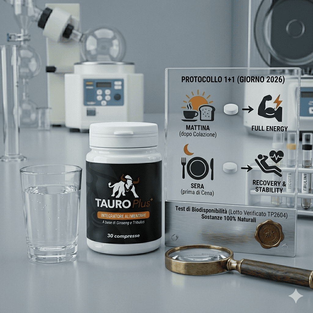 Tauro Plus dosaggio 2026: infografica protocollo 1+1 con icone mattina dopo colazione e sera prima di cena, accanto a bicchiere d'acqua.
