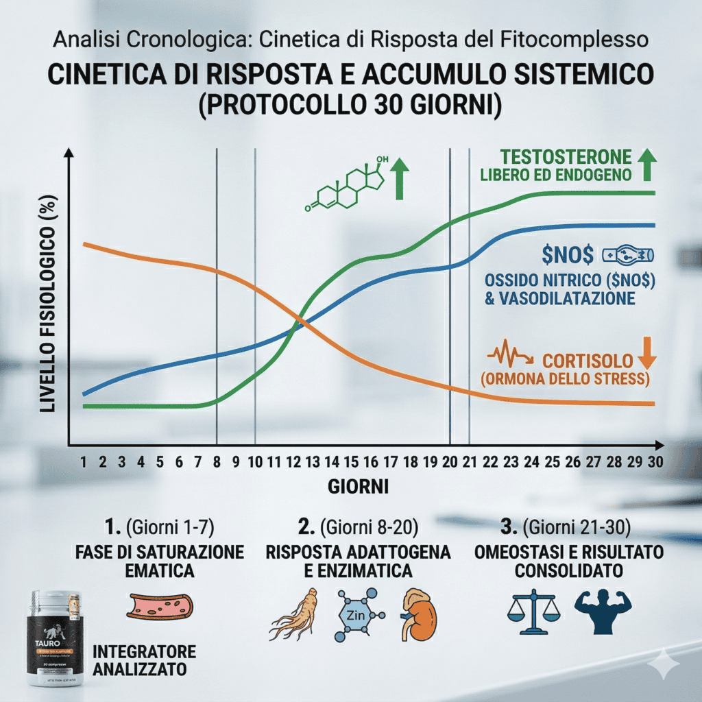 Infografica cinetica di risposta Tauro Plus nel protocollo 30 giorni: andamento Ossido Nitrico e Cortisolo.