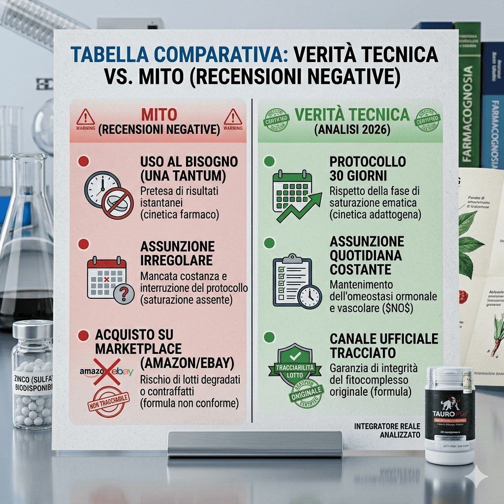 Tabella comparativa Tauro Plus: differenze tecniche tra uso corretto del protocollo 30 giorni e cause delle recensioni negative.